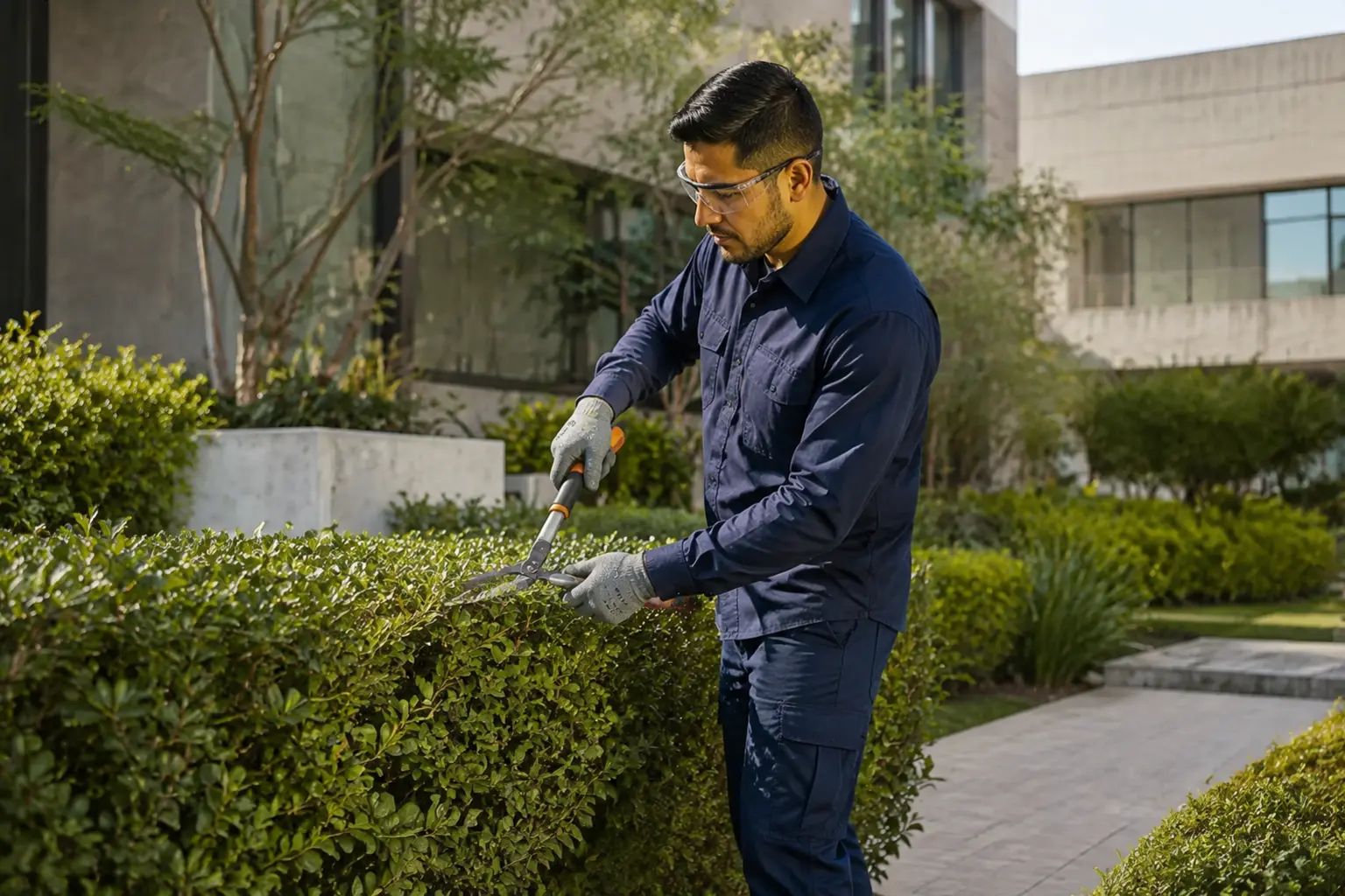 Profesional de jardinería cuidando áreas verdes corporativas, imagen editorial representativa
